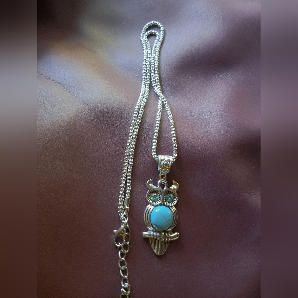 Silver Owl Pendant Necklace with Turquoise Accent - Picture 3 of 7